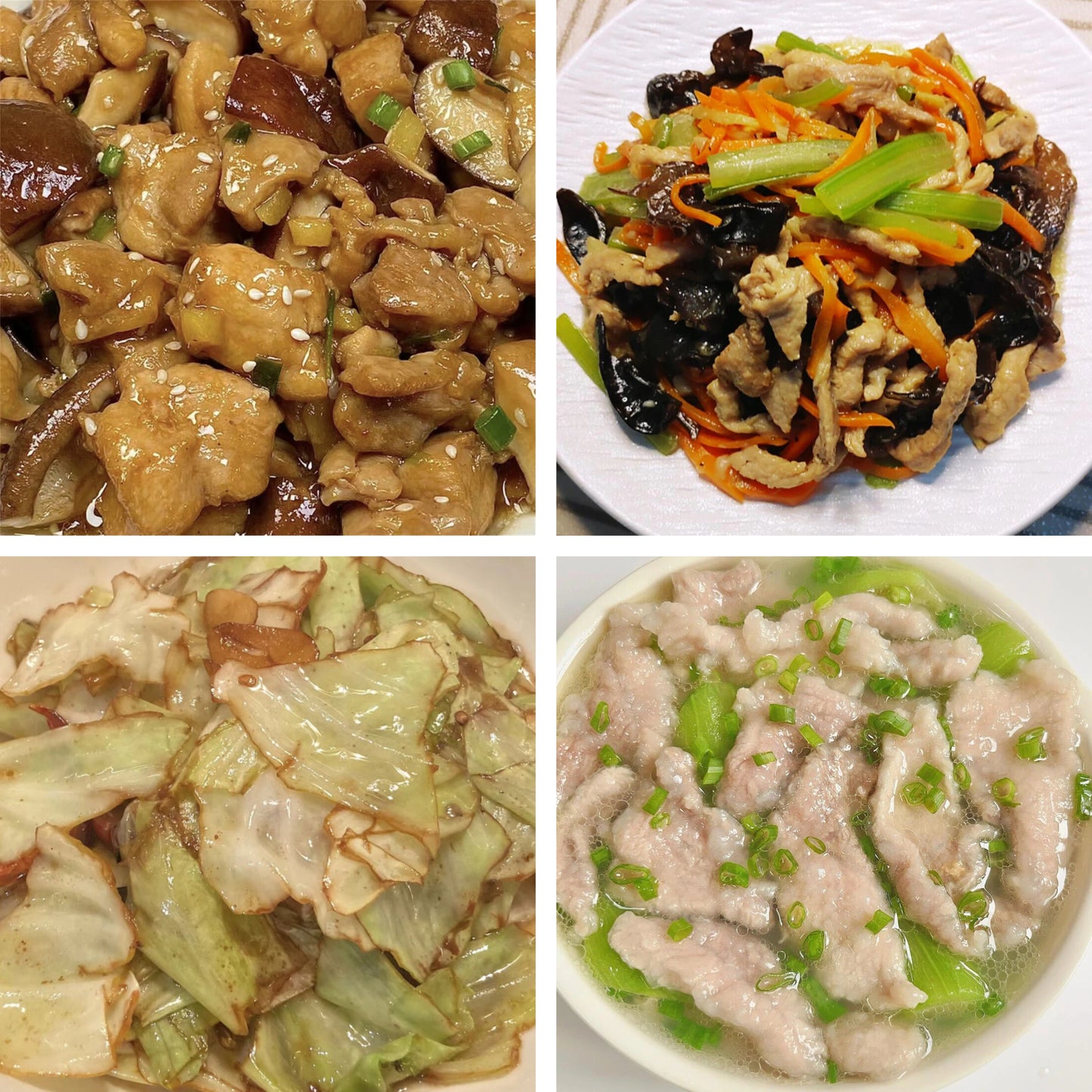 7月10日周五(A餐)无辣不欢:香菇蒸滑鸡 芹菜木耳炒牛肉 手撕包菜 丝瓜肉片汤