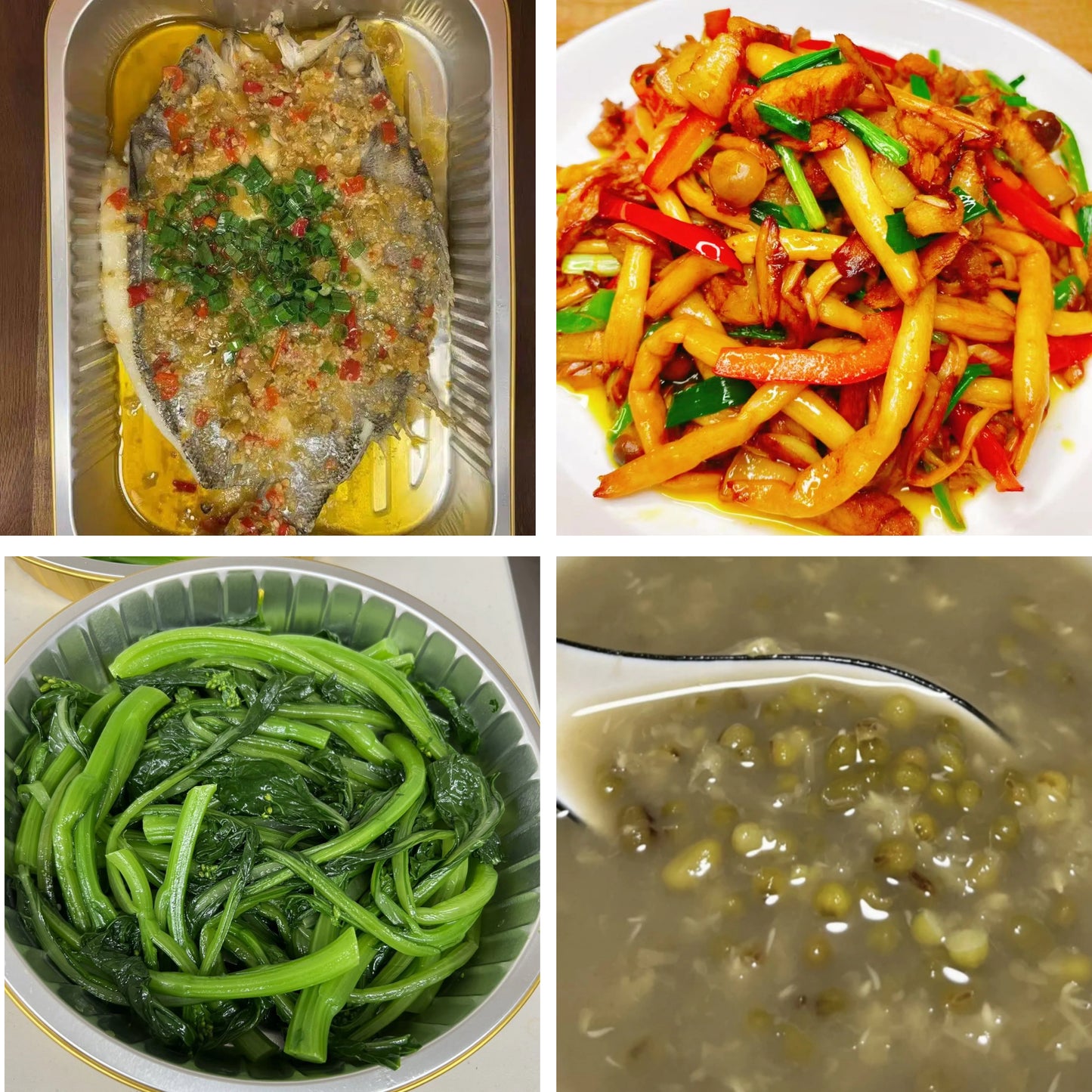 6月10日周三(A餐)无辣不欢:泰式蒸鲈鱼🌶️ 珍珠菇爆叉烧粒 上汤菠菜 海带绿豆沙