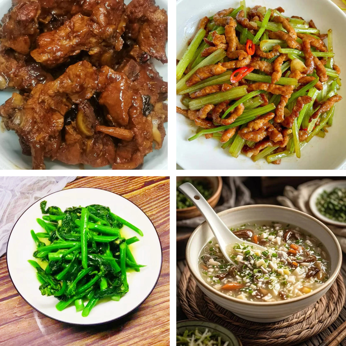 10月1日周四(B餐)家乡菜:酱香骨架 香芹炒肉丝 姜蓉炒芥兰 西湖牛肉羹