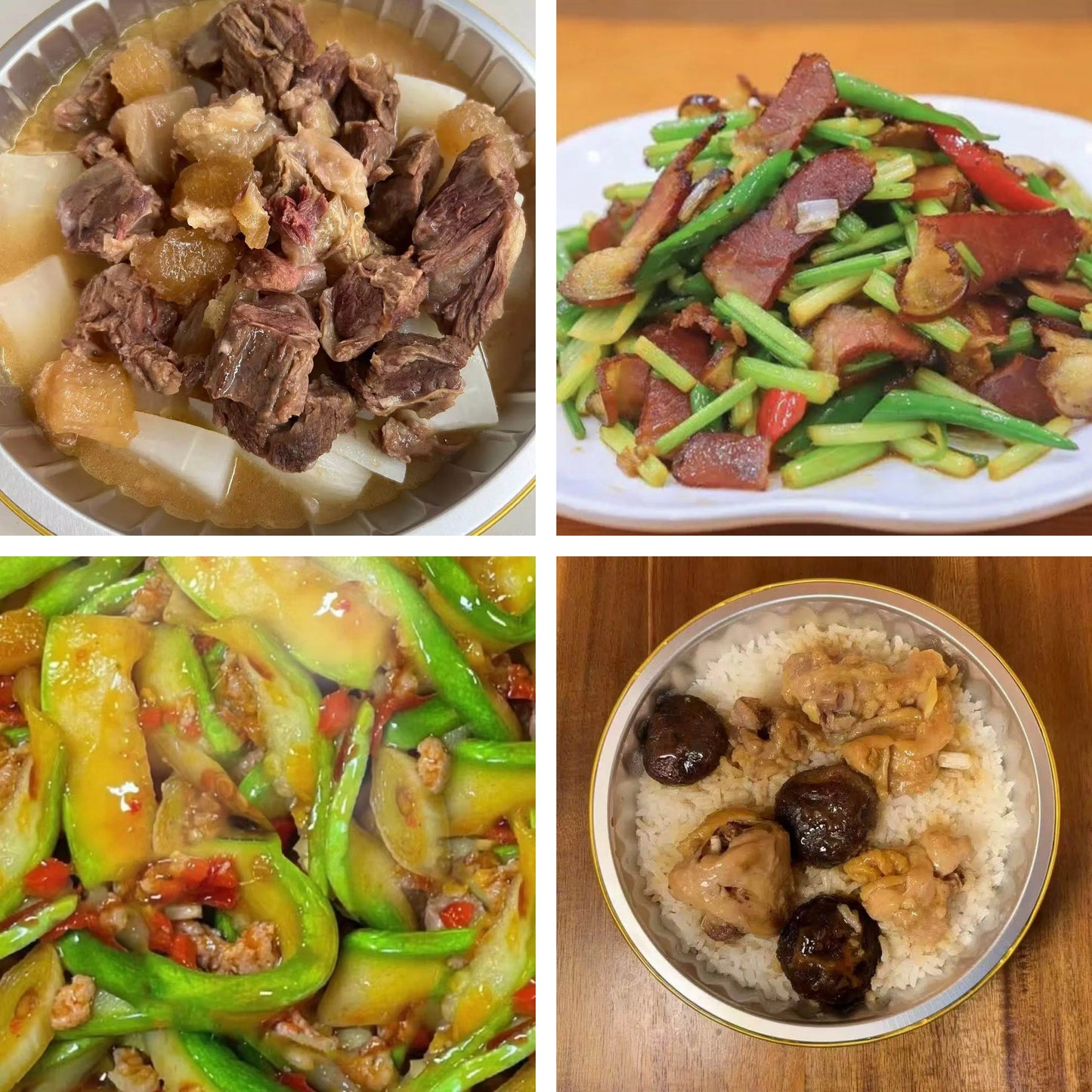 8月21日周五(B餐)家乡菜:清汤萝卜牛腩 时蔬炒腊味 肉沫炒角瓜 香菇滑鸡钵仔饭(2钵)