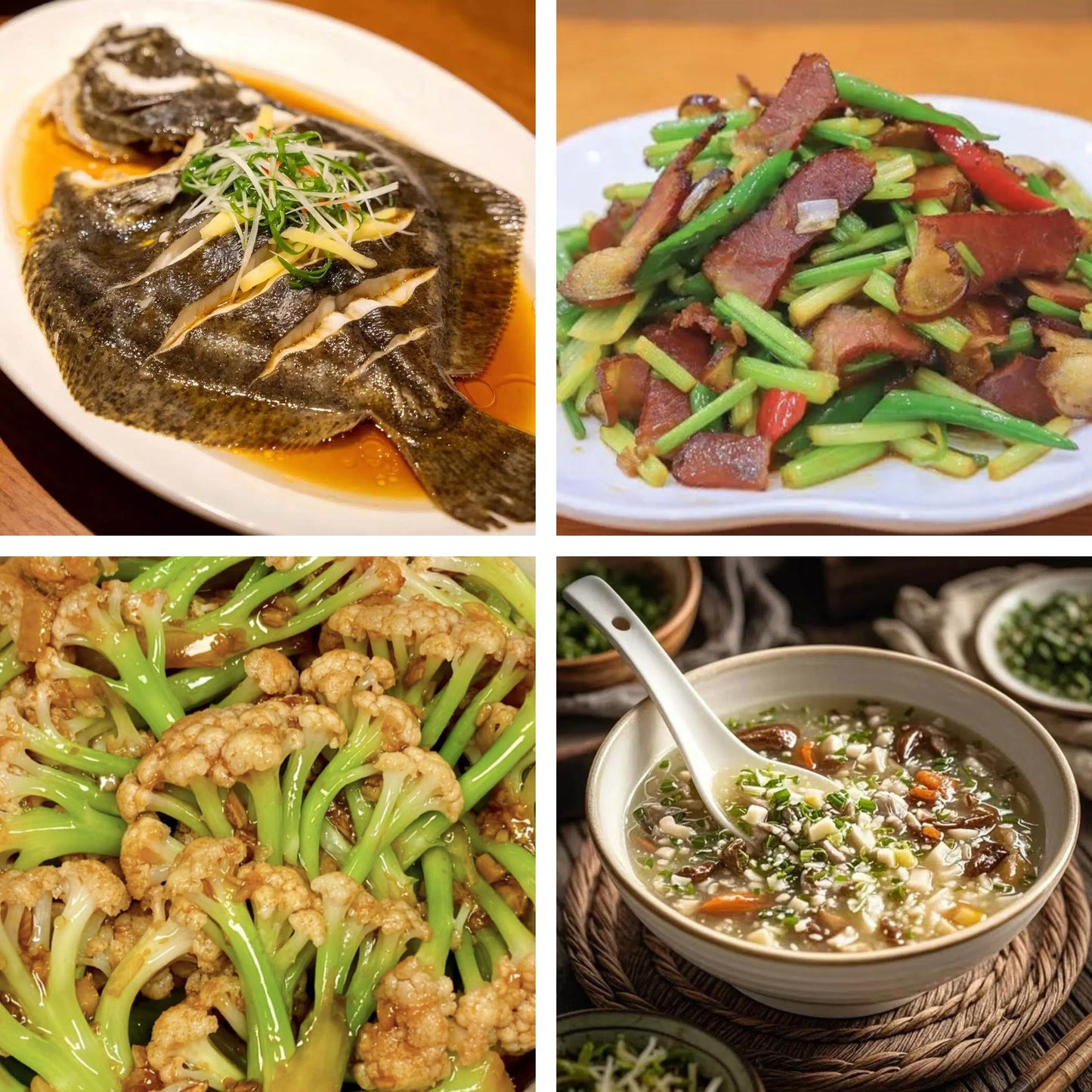 9月13日周日(B餐)家乡菜:清蒸多宝鱼 时蔬炒腊味 蒜香散花菜 西湖牛肉羹