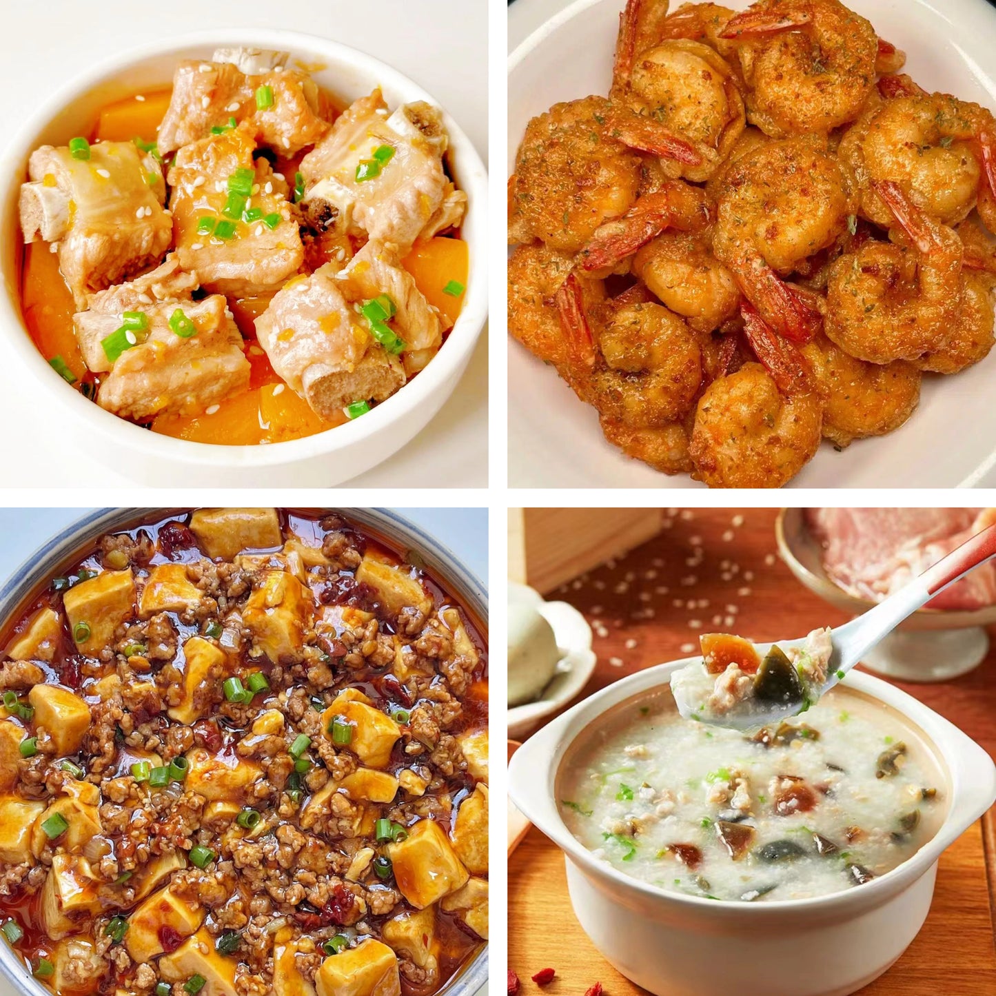 3月12日周四(B餐)家乡菜:南瓜蒸排骨 椒盐大虾 麻婆豆腐🌶️ 皮蛋瘦肉粥