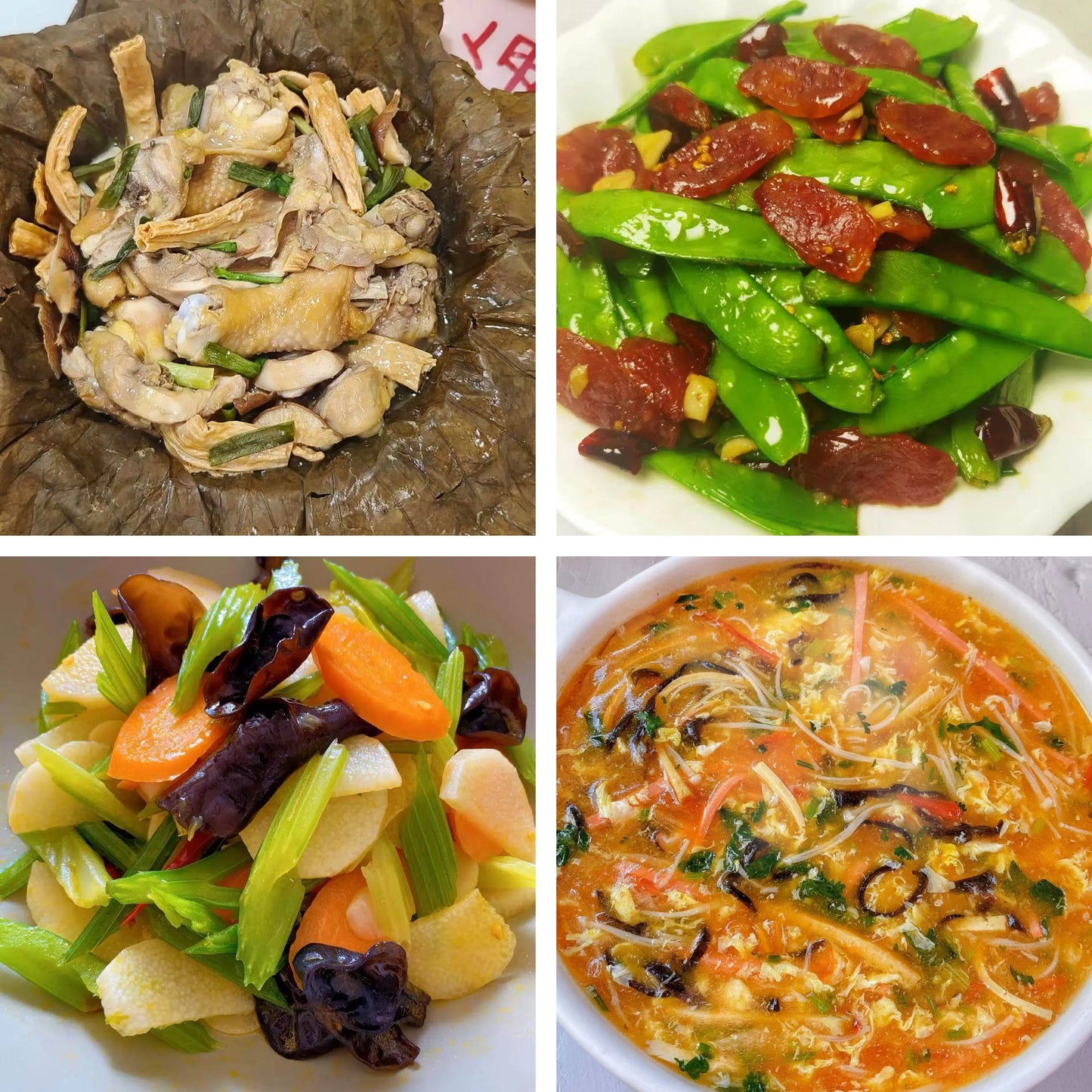 8月11日周二(B餐)家乡菜:荷叶蒸滑鸡 腊味炒甜豆 西芹木耳炒山药 酸辣汤