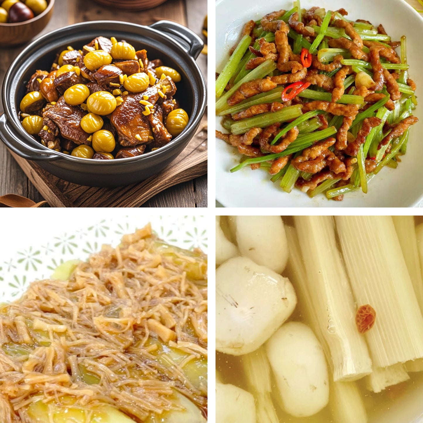 8月23日周日(B餐)家乡菜:栗子焖鸭 香芹肉丝 瑶柱瓜脯 茅根竹蔗马蹄水