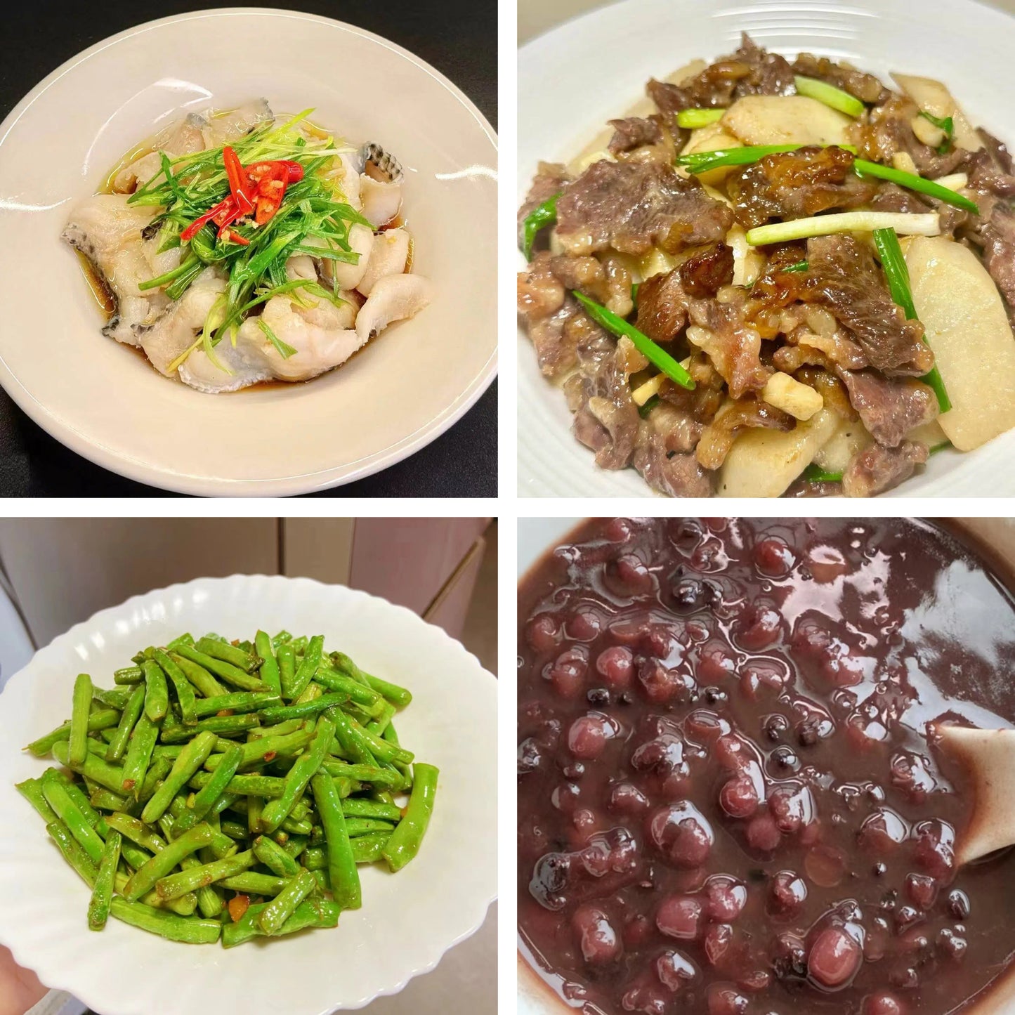 7月23日周四(B餐)家乡菜:葱油鱼片 山药炒牛肉 油盐豆角 陈皮红豆沙