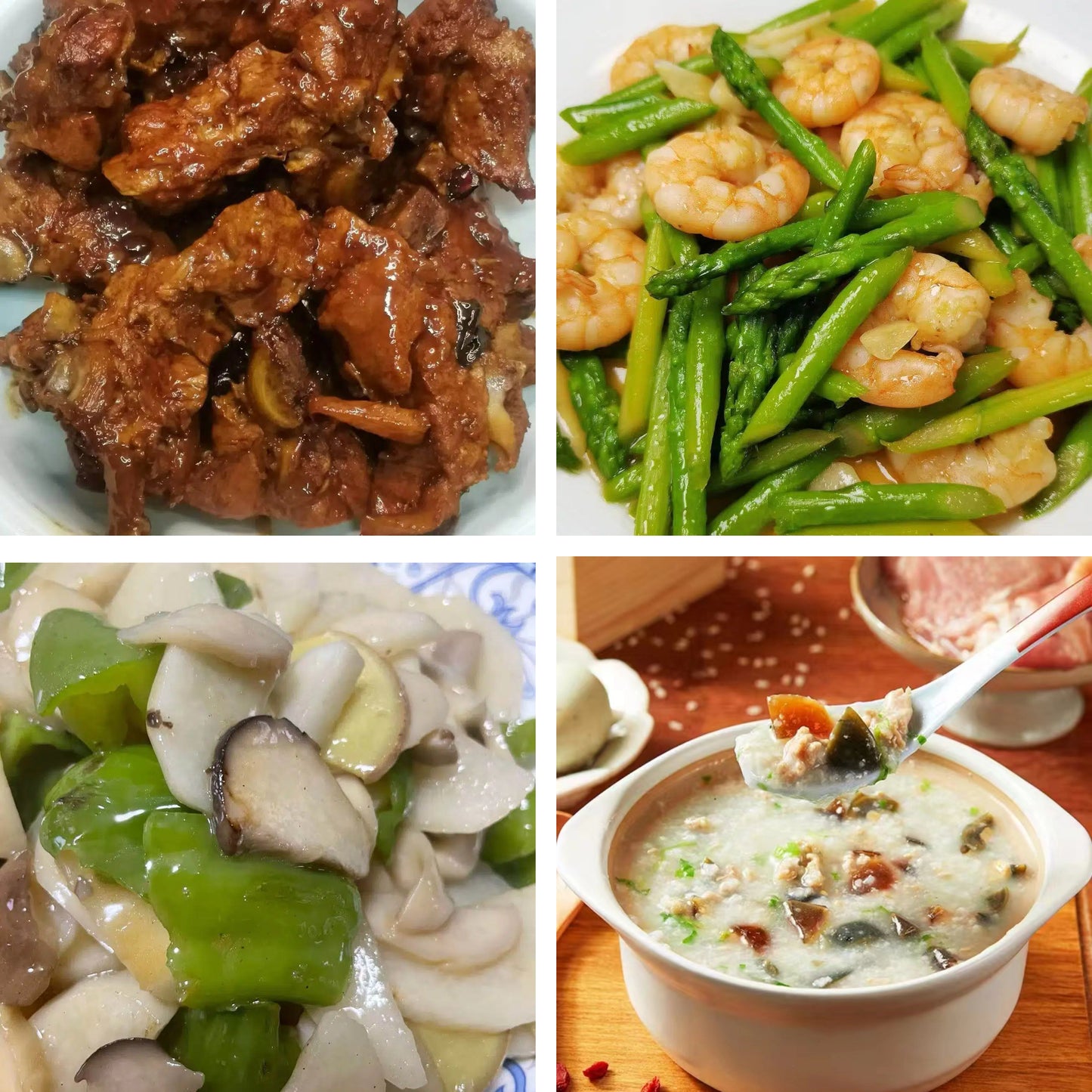 4月12日周日(B餐)家乡菜:酱香骨架 芦笋虾仁 山药炒平菇 皮蛋瘦肉粥