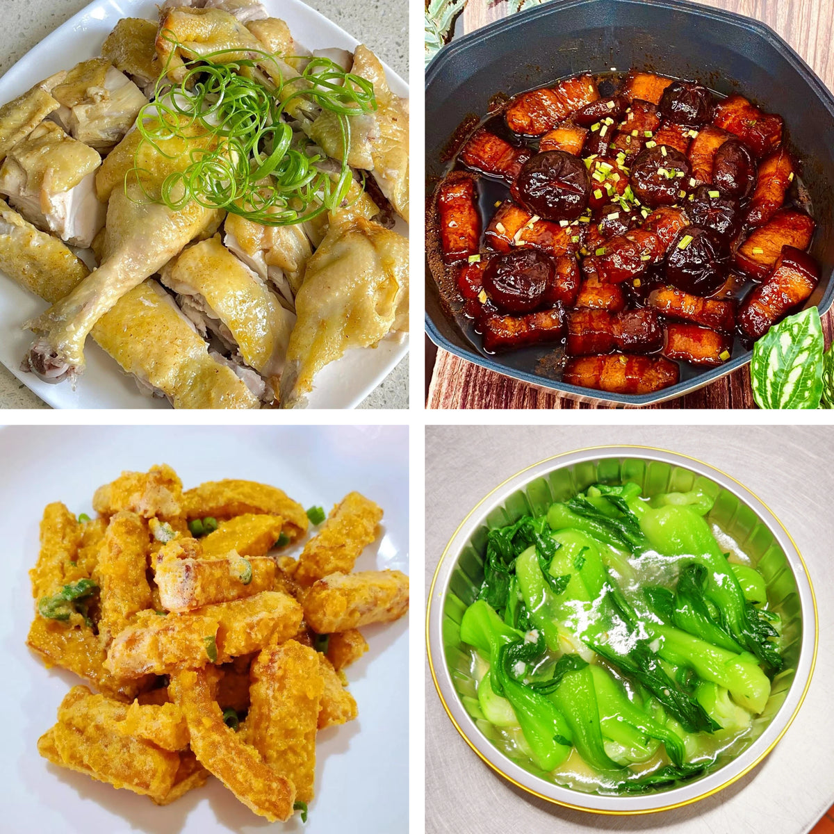 10月12日周一(B餐)家乡菜:东江盐焗鸡 香菇焖五花肉 金沙南瓜 蒜香青江菜苗