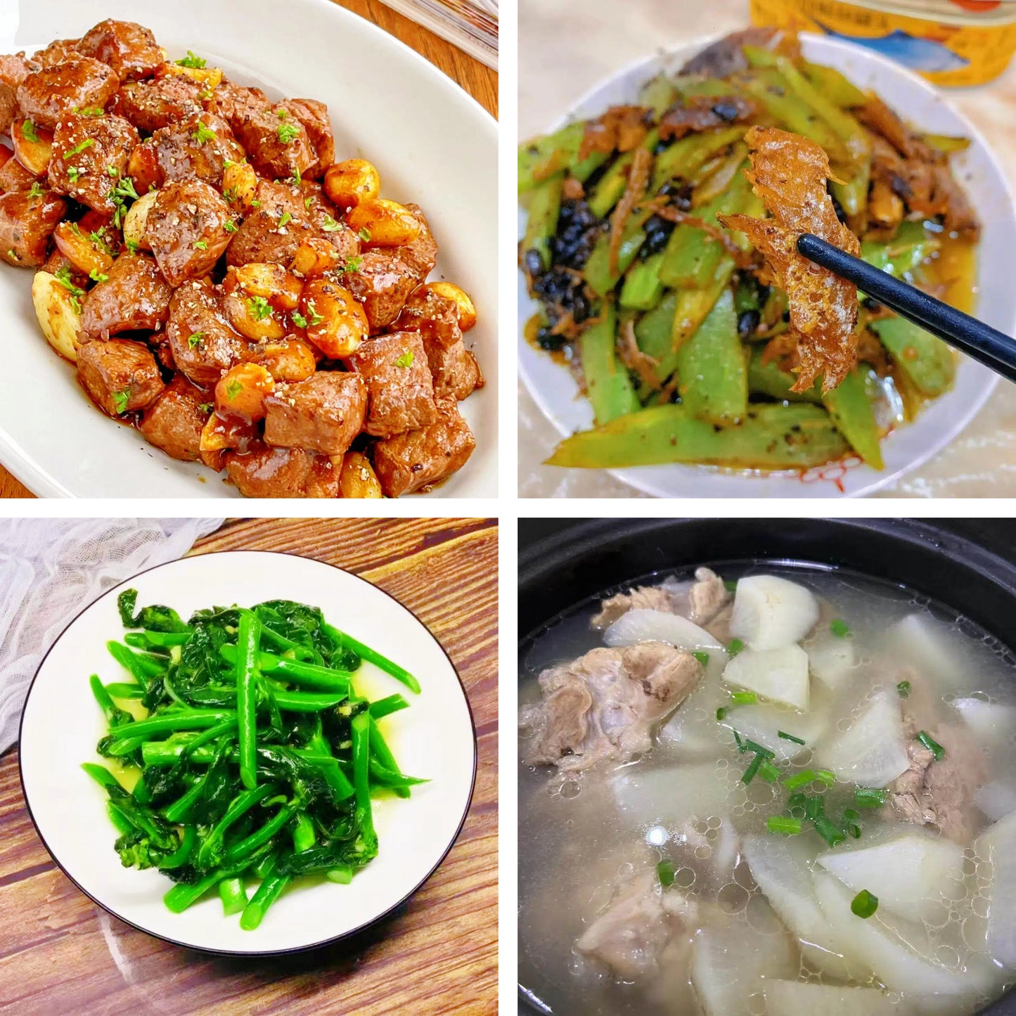 7月13日周一(B餐)家乡菜:蜜汁菌菇牛仔粒 莴笋炒豆豉鲮鱼 姜汁酒炒芥兰 桶骨胡椒萝卜汤