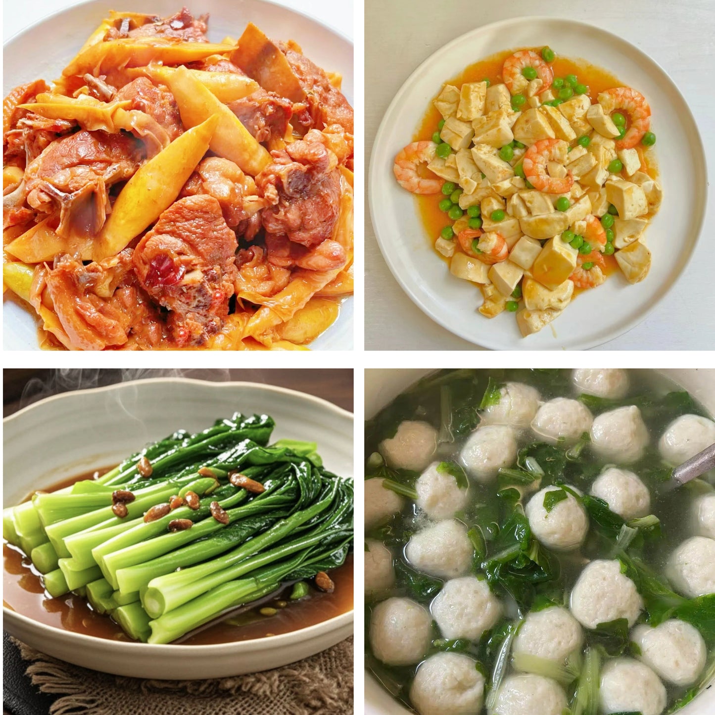 6月9日周二(B餐)家乡菜:笋尖焖鸭 虾仁豆腐 蚝油芥兰 发财鲮鱼丸菠菜汤