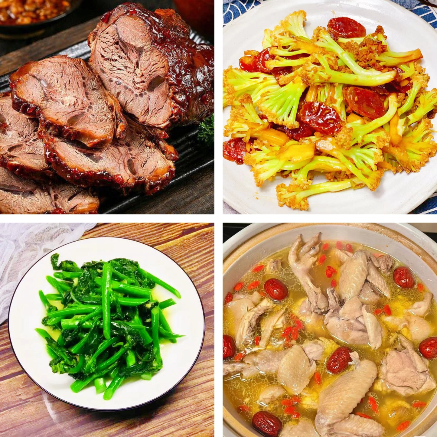 7月5日周日(B餐)家乡菜:香卤牛腱 腊味炒菜花 清炒菜心 滋补养颜鸡汤