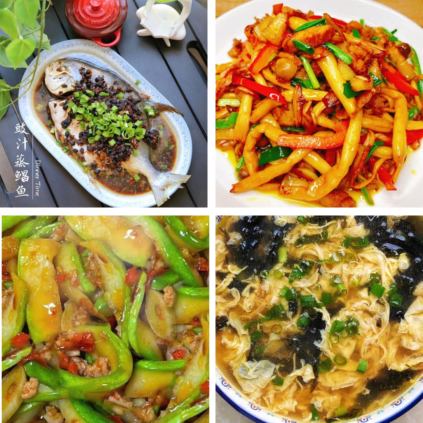 6月16日周二(B餐)家乡菜:豉汁蒸鲳鱼 海鲜菇炒鸡片 肉沫西葫芦 紫菜蛋花汤