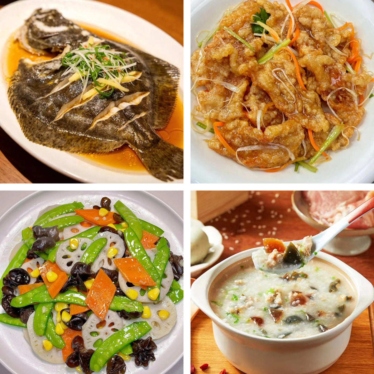 10月18日周日(B餐)家乡菜:清蒸多宝鱼 糖醋锅包肉 荷塘小炒 皮蛋瘦肉粥