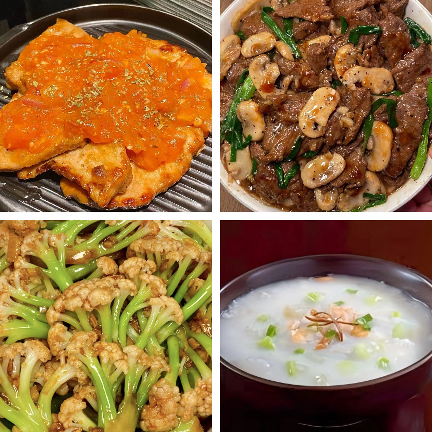 7月30日周四(B餐)家乡菜:茄汁猪扒 鲜蘑黑椒牛肉 蒜香花菜 鱼蓉粥