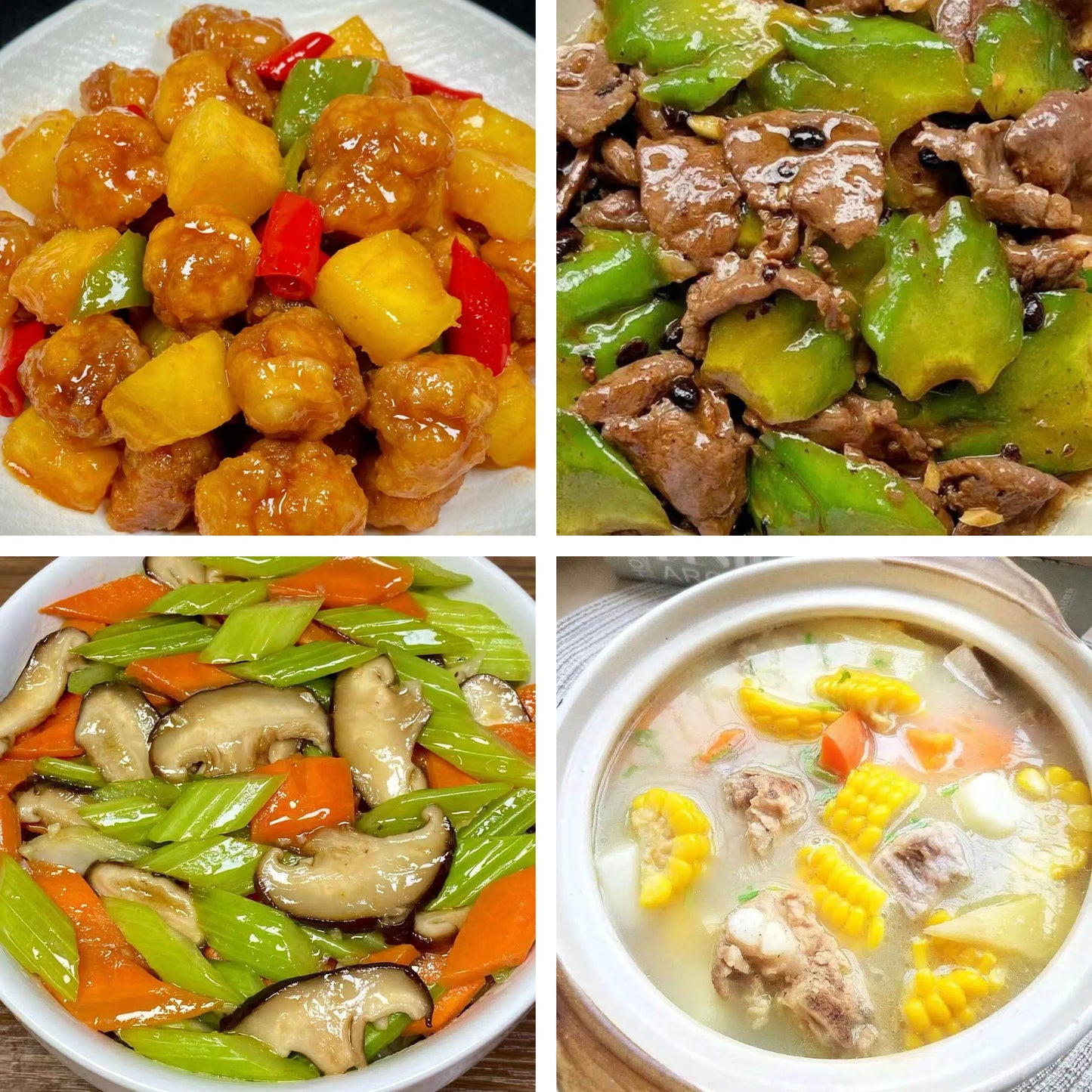 7月29日周三(B餐)家乡菜:菠萝咕咾肉 凉瓜牛肉 芹菜炒香菇 玉米红萝卜排骨汤