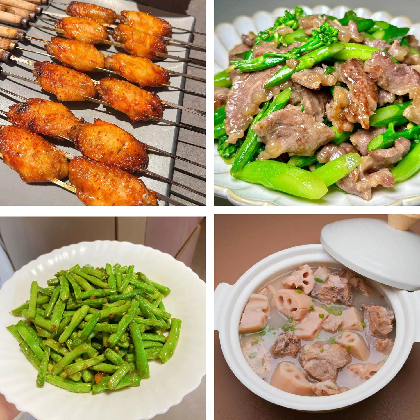 4月6日周一(B餐)家乡菜:蜜汁烤鸡中翅(串) 牛肉炒芥兰 油盐豆角 排骨莲藕汤