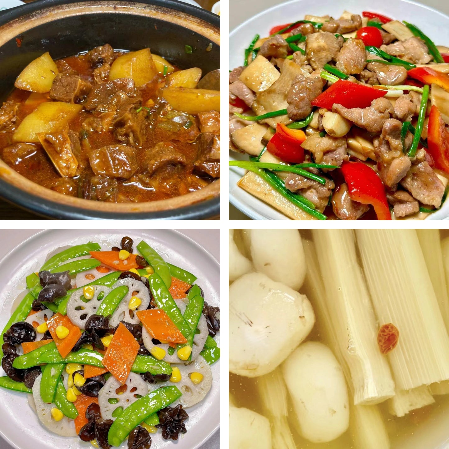 7月24日周五(B餐)家乡菜:土豆酱香牛肉 杏鲍菇炒肉片 荷塘小炒 茅根竹蔗马蹄水