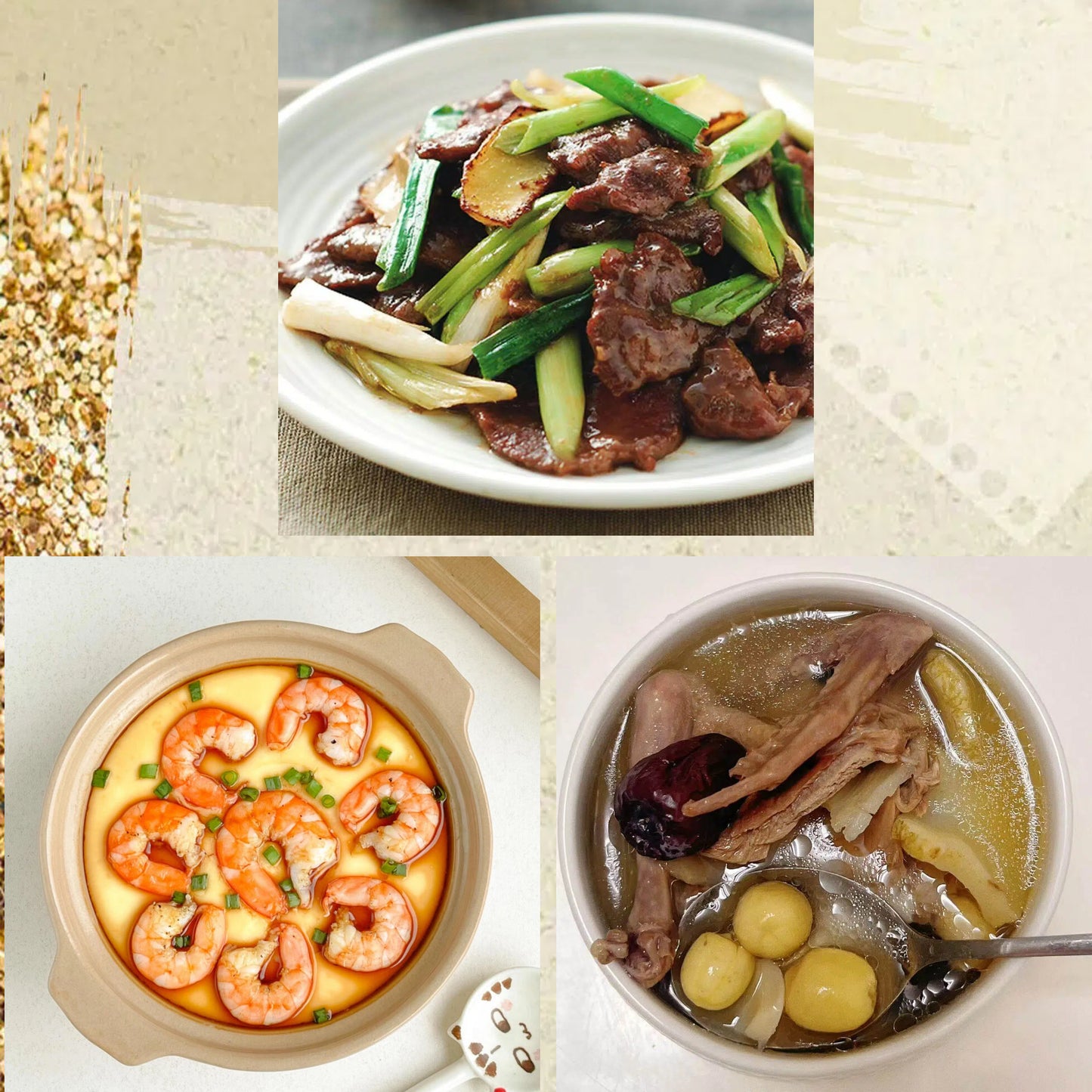 6月15日周一(C餐)精致小餐:葱爆牛肉 虾仁蒸蛋 原盅清补凉炖土鸡汤