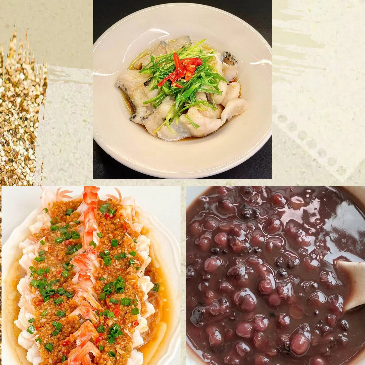 6月14日周日(C餐)精致小餐:葱油鱼片 蒜蓉粉丝蒸虾 陈皮红豆沙