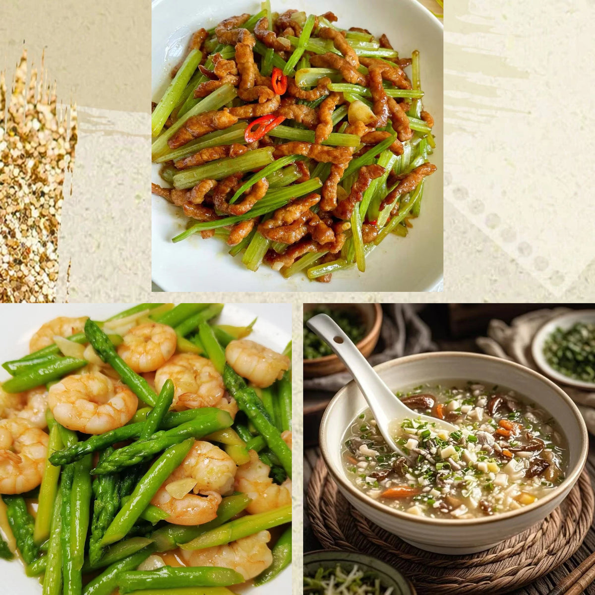 10月1日周四(C餐)精致小餐:香芹炒肉丝 芦笋虾仁 西湖牛肉羹