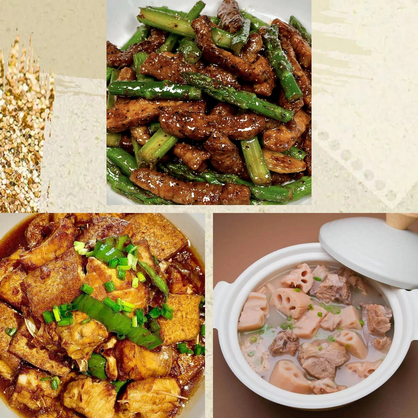 3月11日周三(C餐)精致小餐:芦笋炒牛肉 红烧豆腐焖鱼块 莲藕排骨汤