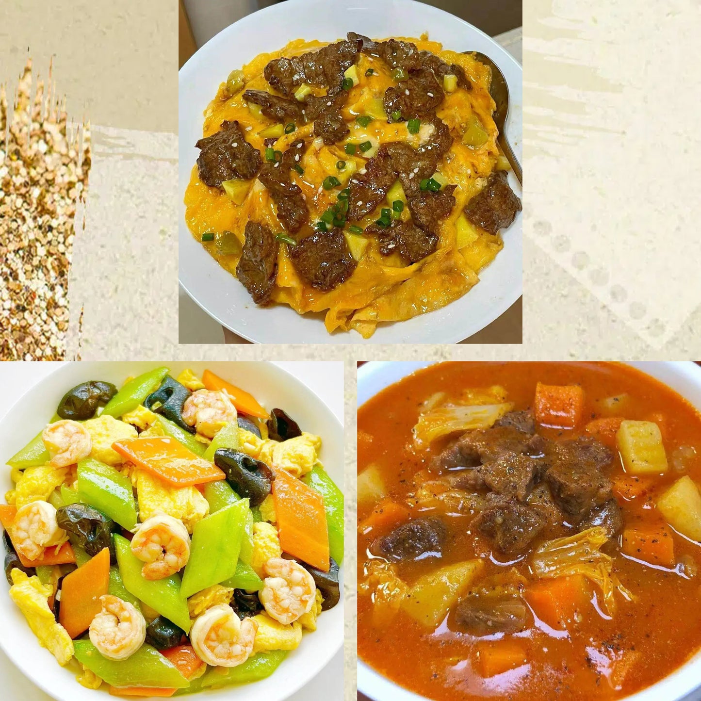 6月7日周日(C餐)精致小餐:牛肉炒滑蛋 时蔬炒大虾球 罗宋汤