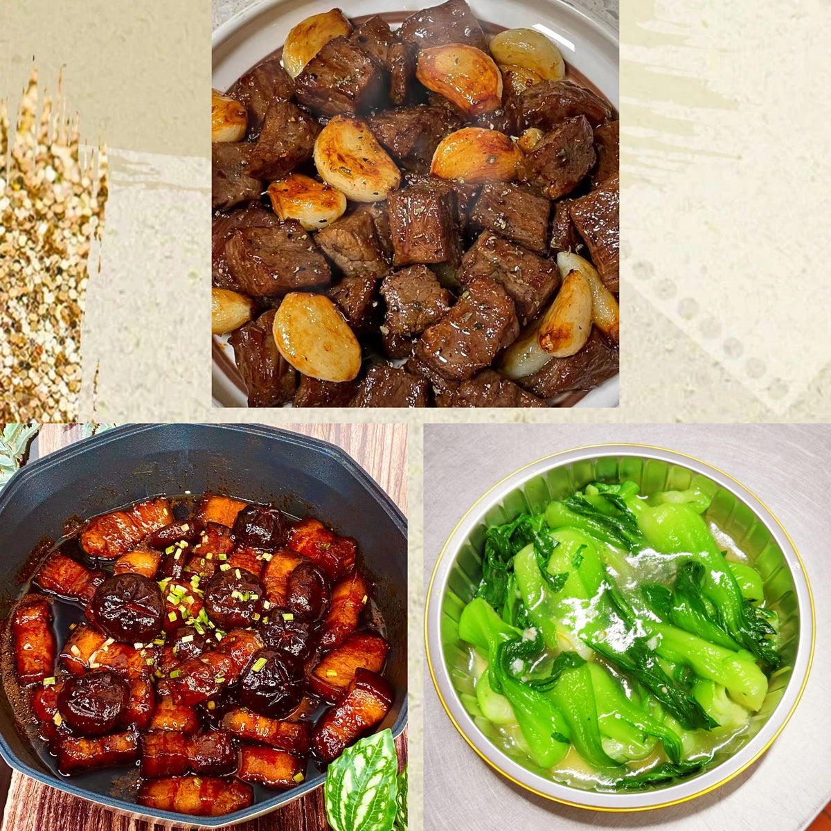 10月12日周一(C餐)精致小餐:黑椒牛仔粒 香菇焖五花肉 蒜香青江菜苗