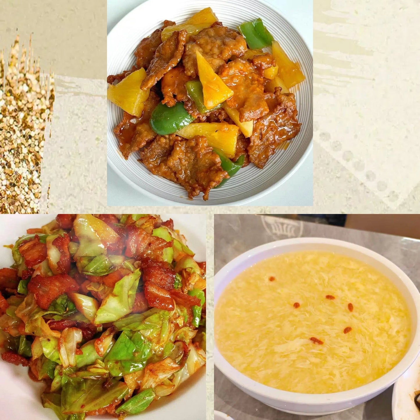 7月14日周二(C餐)精致小餐:菠萝炒牛肉 包菜炒五花肉 鸡蓉玉米羹