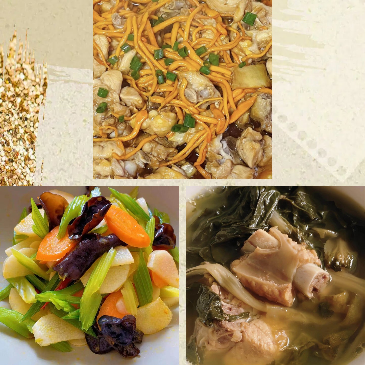 2月20日周五(D餐)精致小餐:虫草花茶树菇蒸土鸡 西芹炒山药 白菜干煲猪骨汤