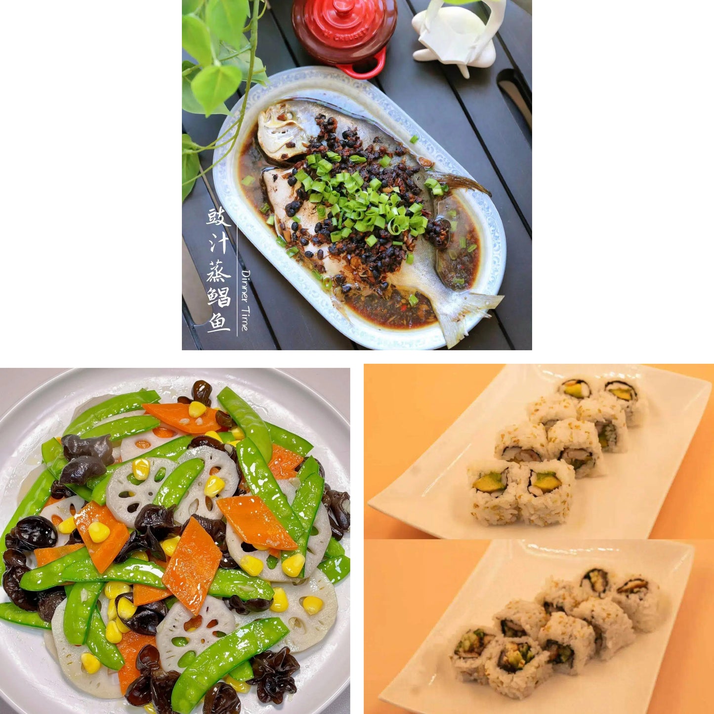 4月9日周四(D餐)精致小餐:豉汁蒸金鲳鱼 荷塘小炒 青瓜牛油果卷+焗三文魚卷