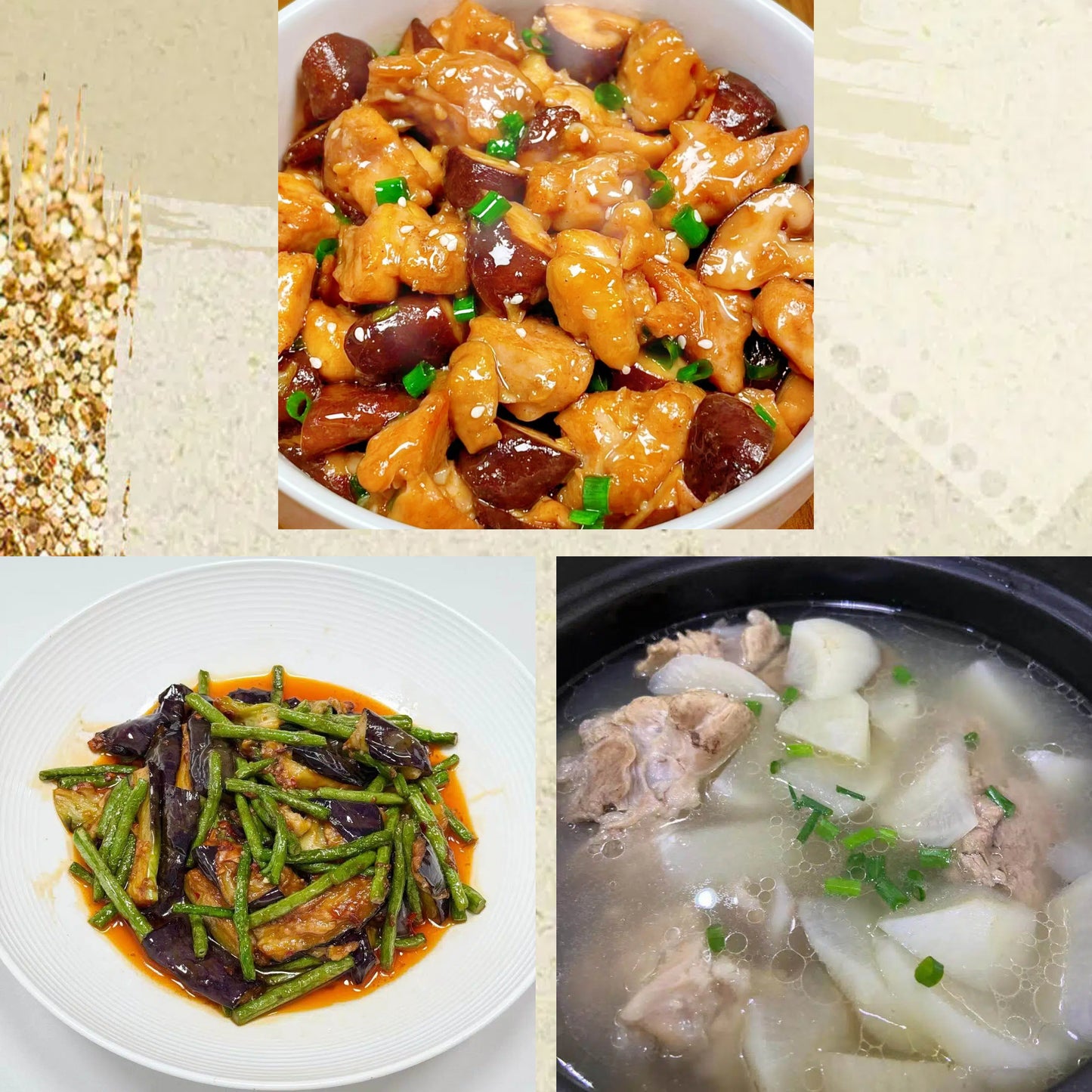 6月28日周日(D餐)精致小餐:野山菌蒸走地鸡 长豆角烧茄子 筒骨萝卜汤