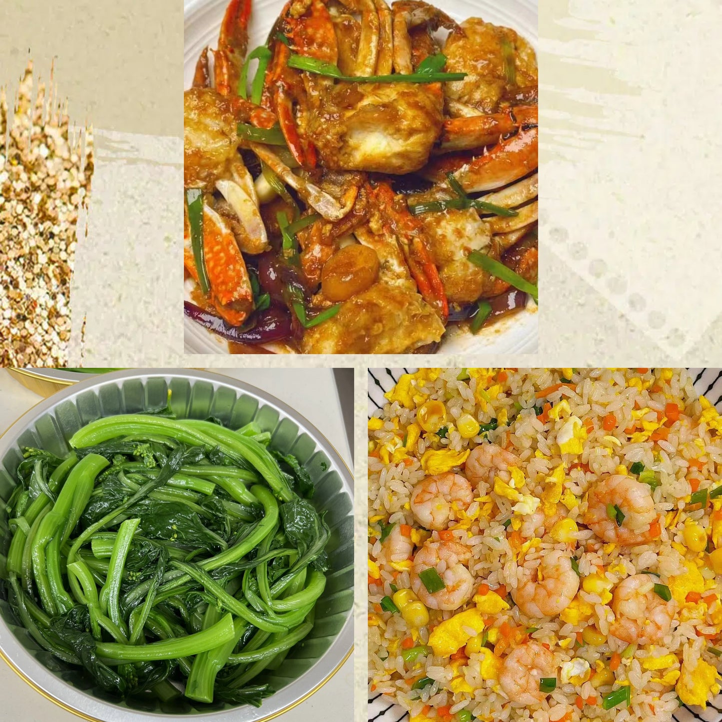 3月15日周日(D餐)精致小餐:姜葱炒蓝蟹 上汤菠菜 虾仁炒饭