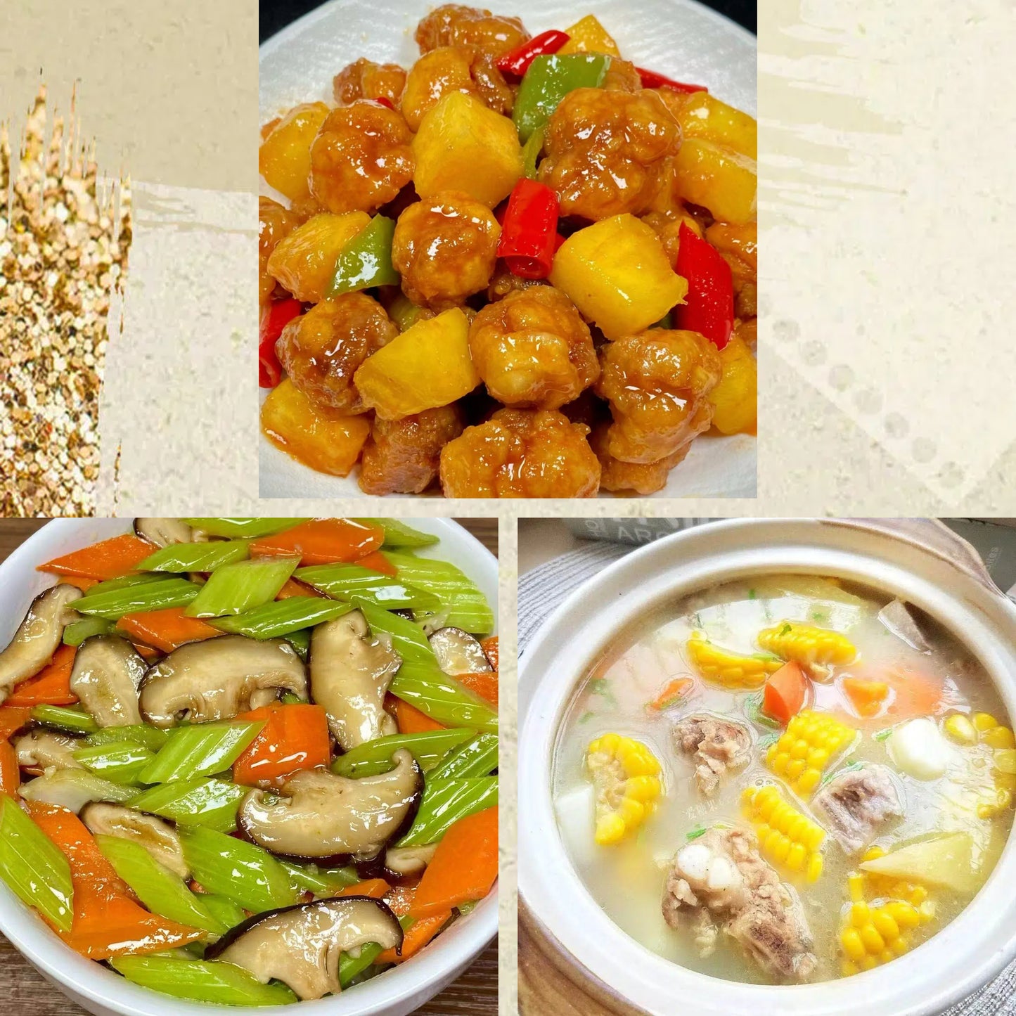7月29日周三(D餐)精致小餐:菠萝咕咾肉 芹菜炒香菇 玉米红萝卜排骨汤