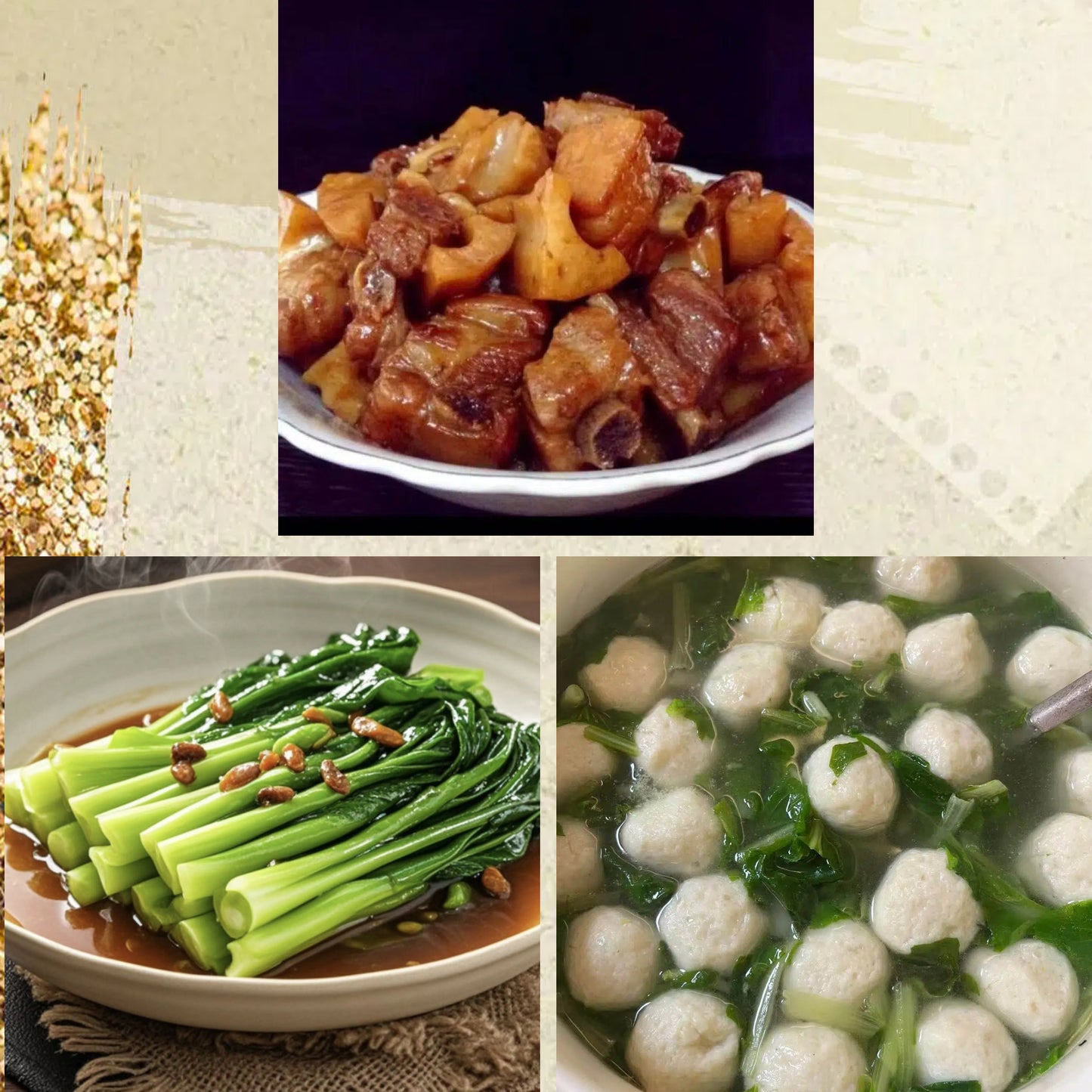 6月9日周二(D餐)精致小餐:莲藕炖排骨 蚝油芥兰 发财鲮鱼丸菠菜汤
