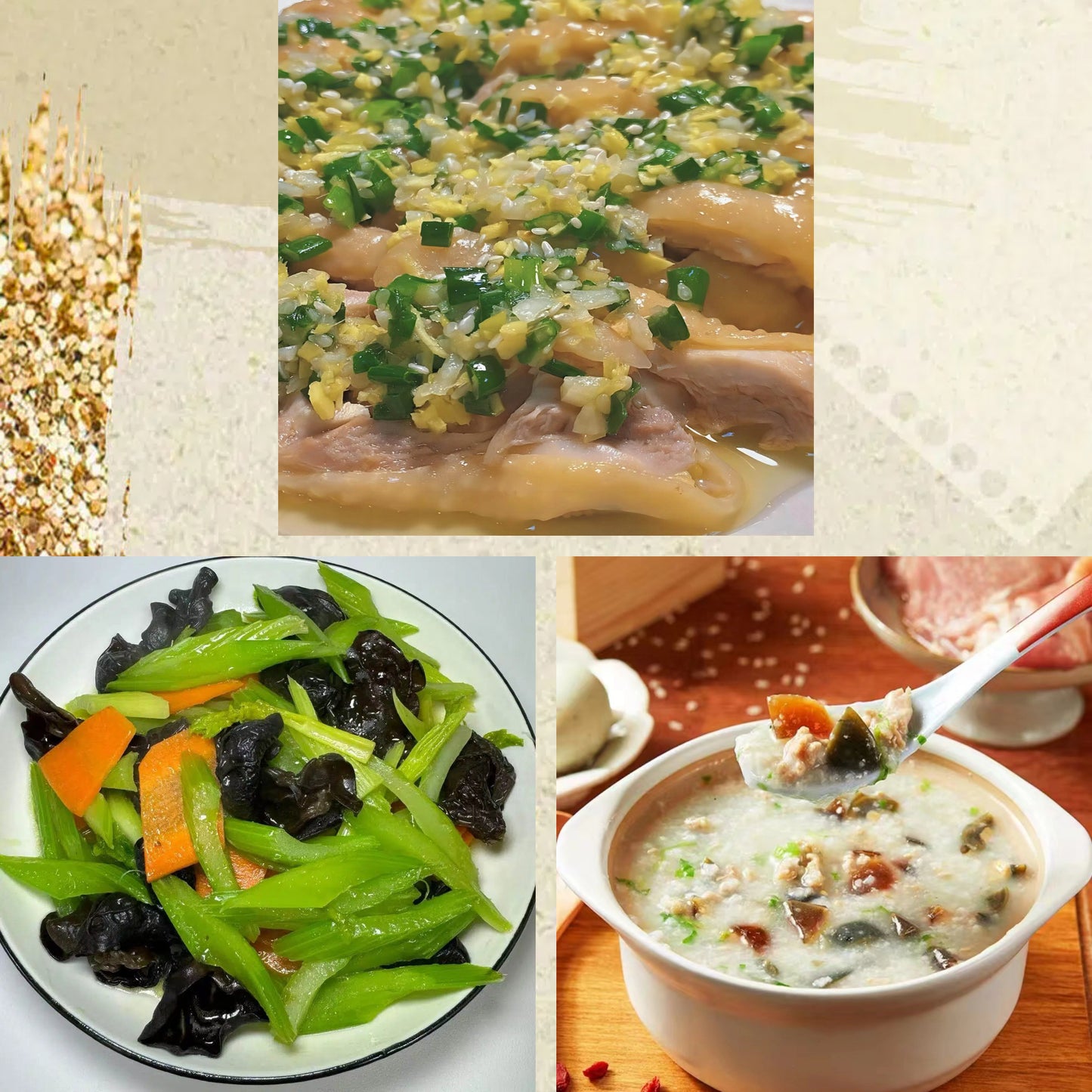 8月27日周四(D餐)精致小餐:广东葱油鸡 芹菜炒木耳 皮蛋瘦肉粥