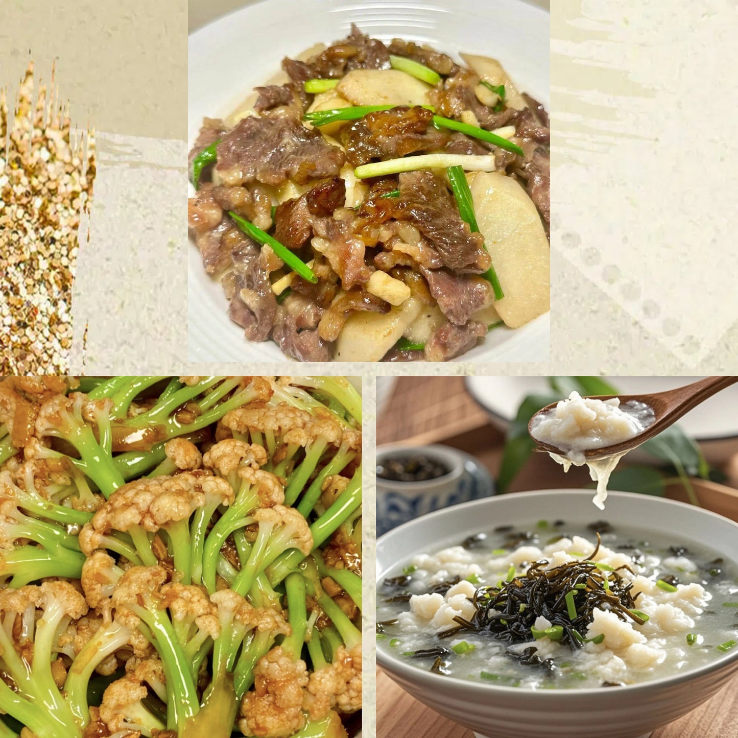 2月18日周三(D餐)精致小餐:山药炒牛肉 蒜香散花菜 发菜鱼蓉羹