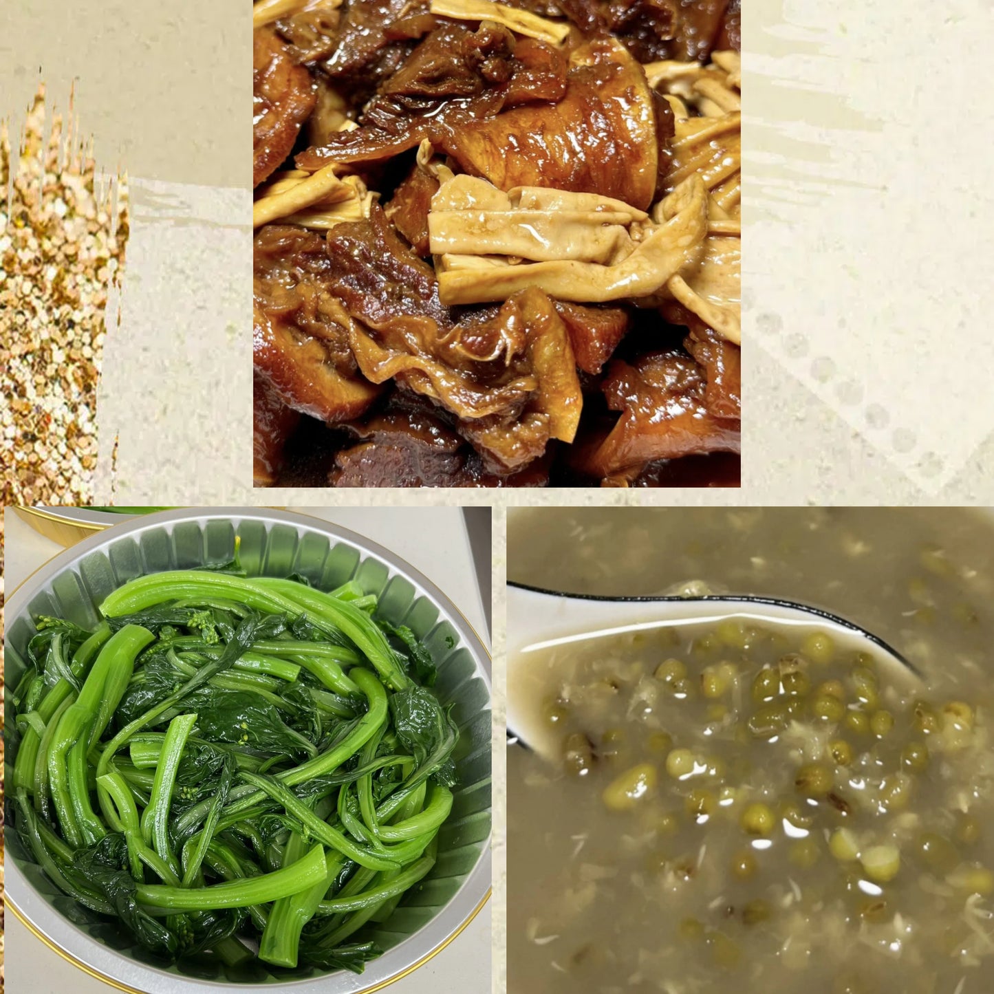 6月10日周三(D餐)精致小餐:腐竹焖牛腩 上汤菠菜 海带绿豆沙