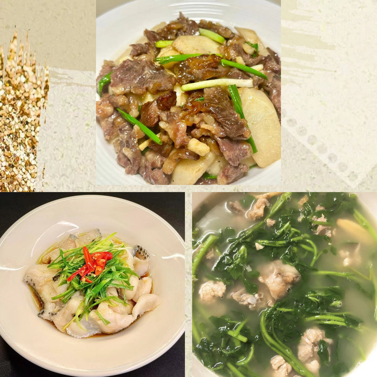 10月26日周一(D餐)精致小餐:山药炒牛肉 葱油鱼片 龙骨西洋菜汤