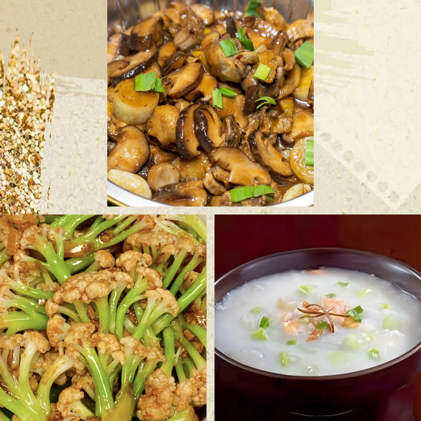 7月30日周四(D餐)精致小餐:小鸡炖蘑菇 蒜香花菜 鱼蓉粥