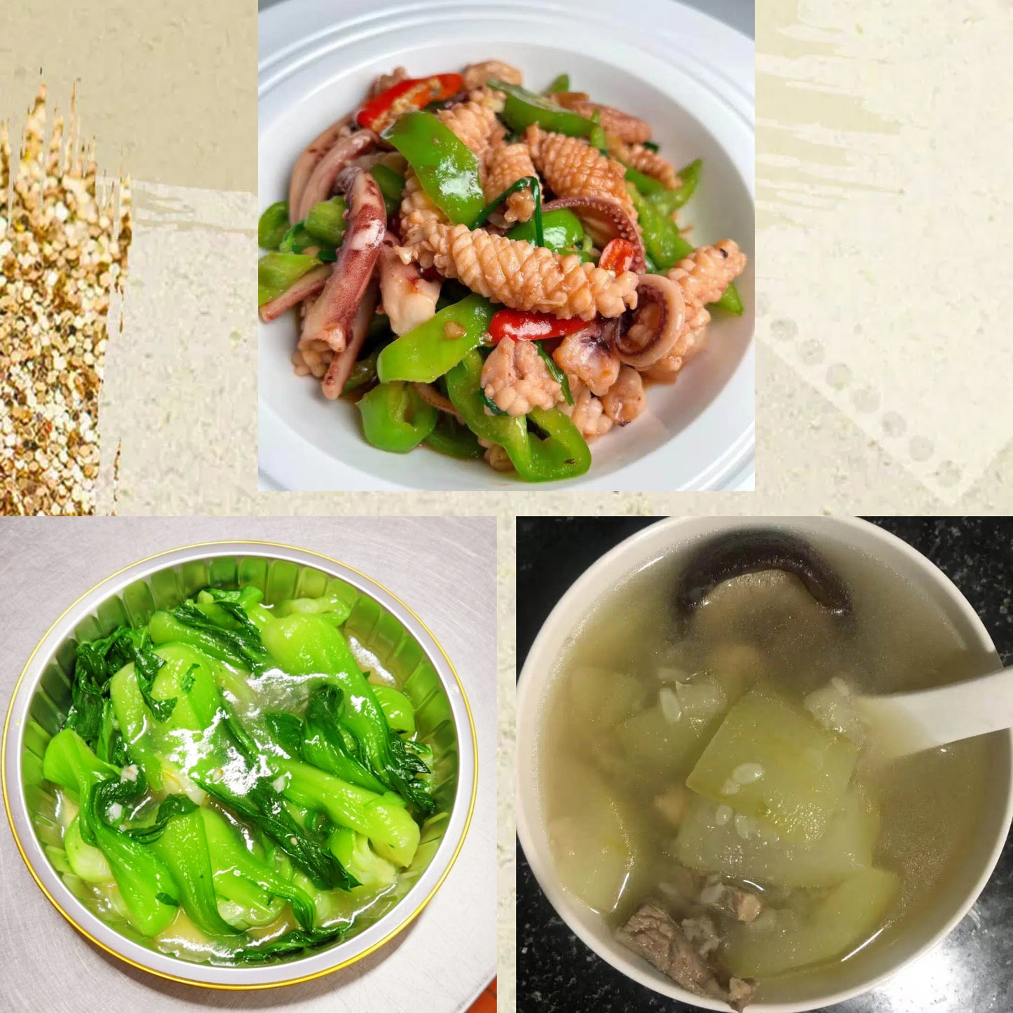 6月24日周三(D餐)精致小餐:豉椒炒鱿鱼 蒜香菜苗 章鱼节瓜筒骨汤