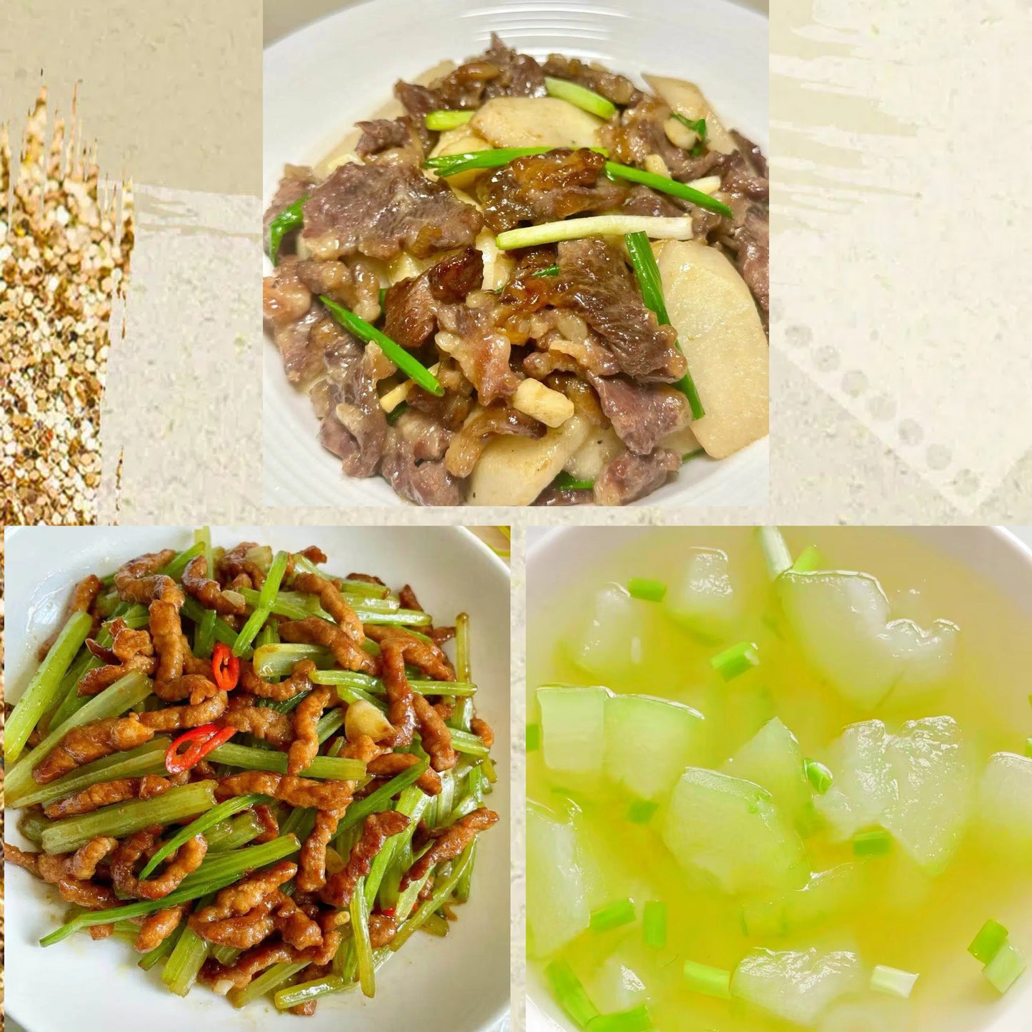 6月21日周日(D餐)精致小餐:山药炒牛肉 香芹肉丝 海米冬瓜汤