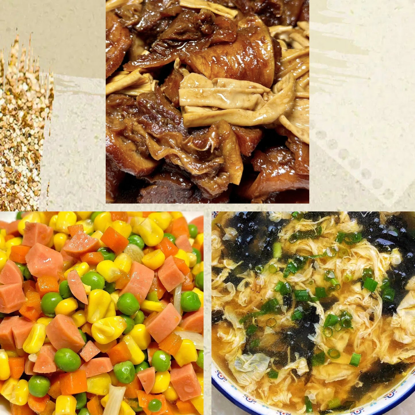 6月30日周二(D餐)精致小餐:腐竹焖牛腩 什锦玉米粒 紫菜蛋花汤