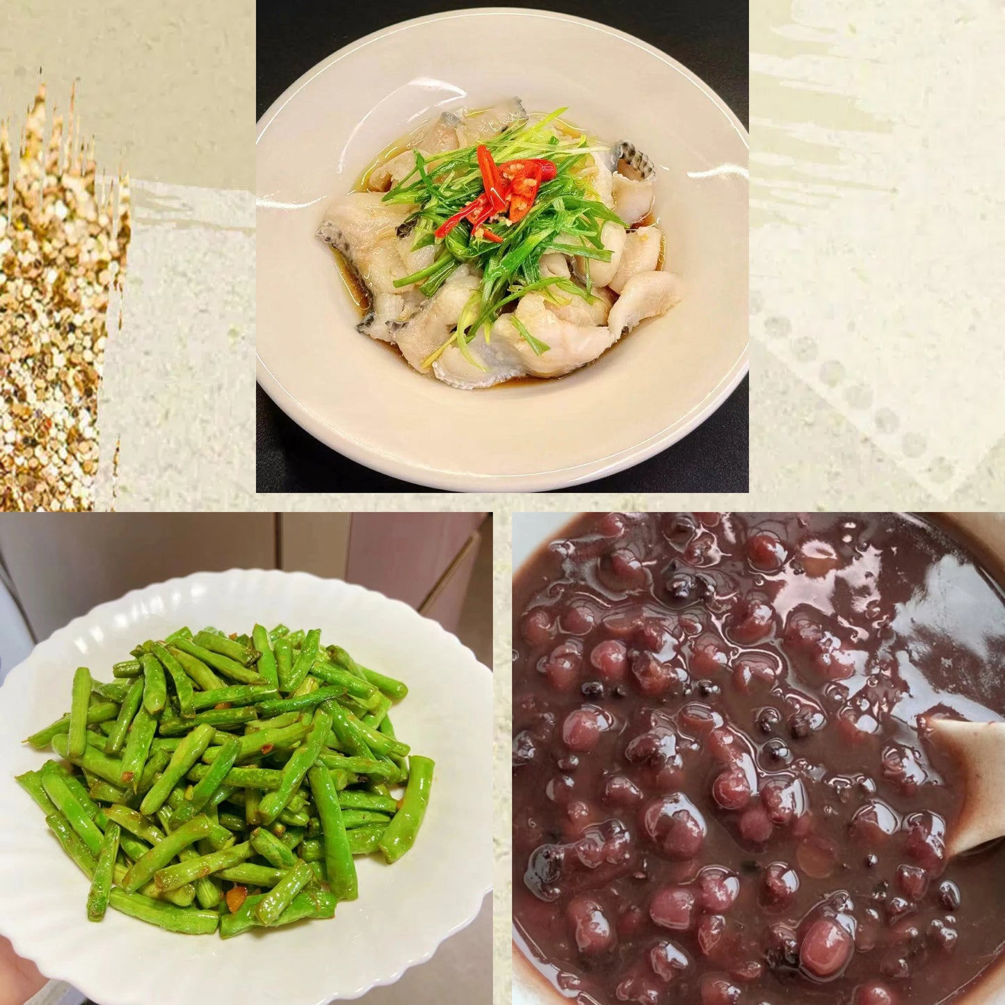 7月23日周四(D餐)精致小餐:葱油鱼片 油盐豆角 陈皮红豆沙