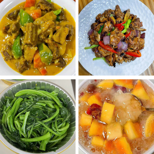 5月22日周五（A餐）无辣不欢：咖喱焖牛腩🌶️     豉椒炒鸡球     上汤菠菜    美容雪耳炖木瓜