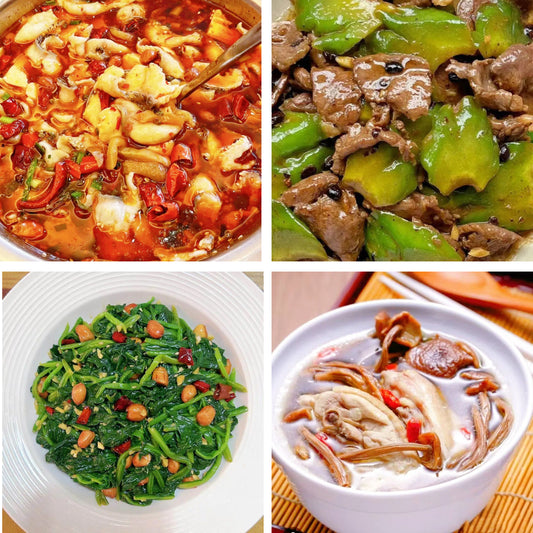 6月17日周三（A餐）无辣不欢：豆花鱼🌶️     凉瓜炒牛肉     菠菜花生米    原盅茶树菇炖老鸡汤