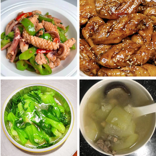 6月24日周三（A餐）无辣不欢：豉椒炒鱿鱼    可乐鸡翅     蒜香菜苗    章鱼节瓜筒骨汤