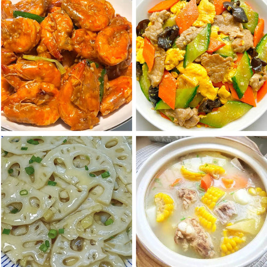 6月12日周五（A餐）无辣不欢：咖喱虾🌶️    木须肉    清炒藕片    玉米红萝卜排骨汤