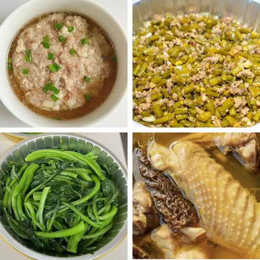 7月12日周日（A餐）无辣不欢：马蹄蒸肉饼    肉沫酸豆角🌶️    上汤油菜    羊肚菌炖土鸡