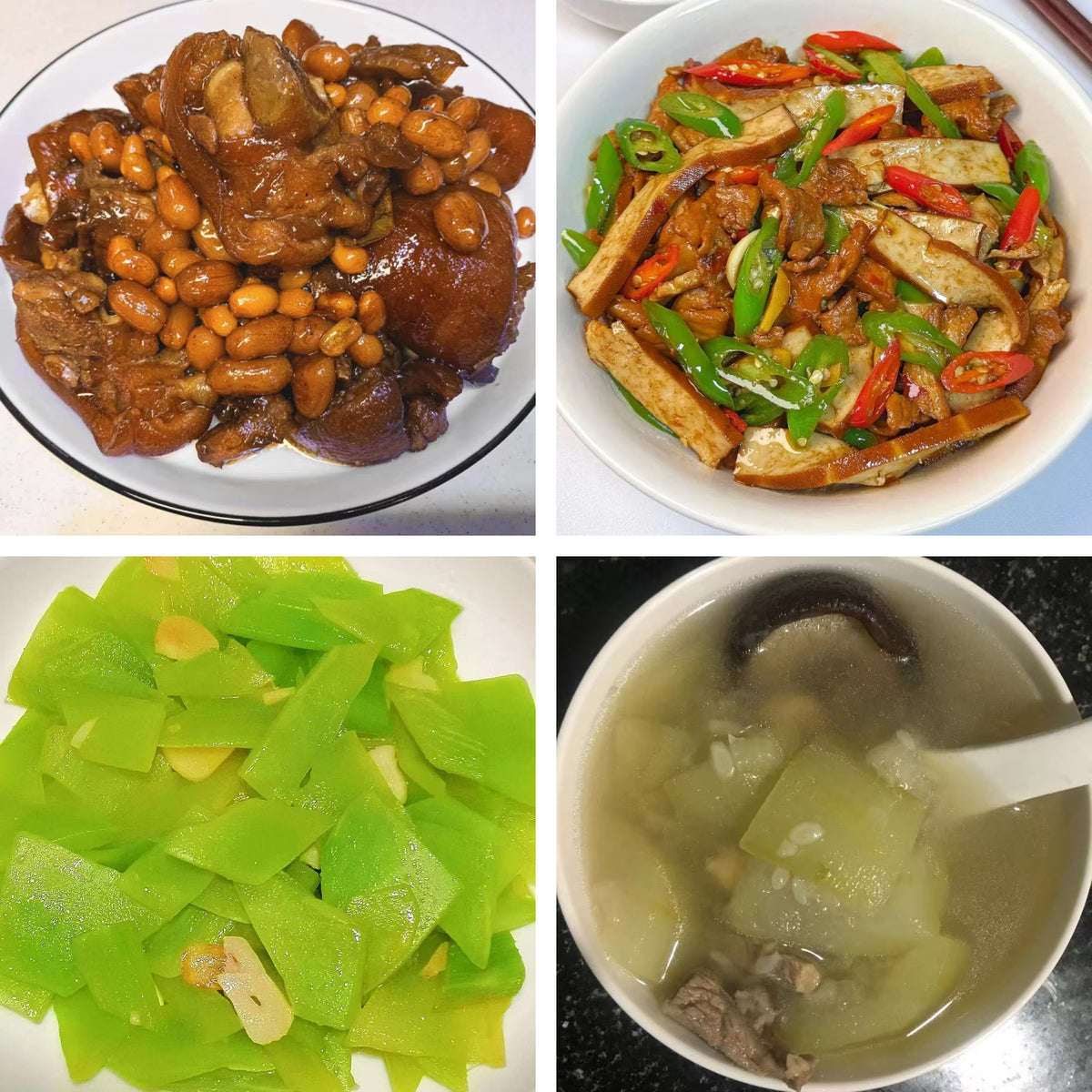10月19日周一（A餐）无辣不欢：美容猪手焖花生    香干炒肉🌶️    清炒莴笋   猪腱煲节瓜汤