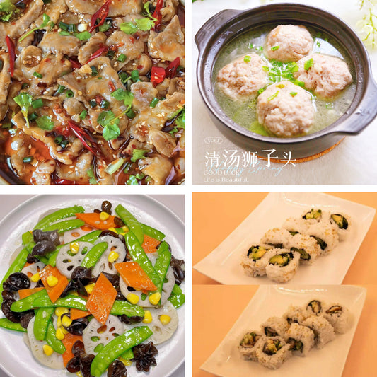 4月9日周四（A餐）无辣不欢：水煮牛肉🌶️     清汤狮子头    荷塘小炒     青瓜牛油果卷+焗三文魚卷