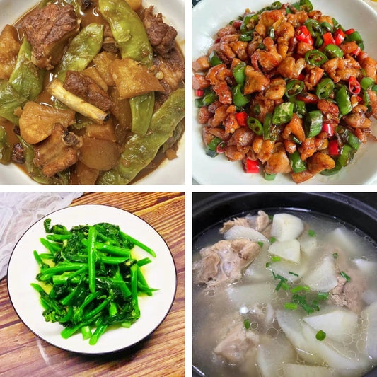 7月13日周一（A餐）无辣不欢：排骨炖豆角     鲜椒辣子鸡🌶️      姜汁酒炒芥兰    桶骨胡椒萝卜汤